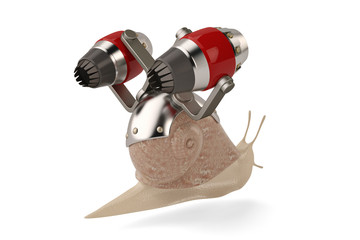 Snail with jet engine on white background.3D illustration.