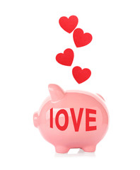 Poster - Pink ceramic piggy bank on white background