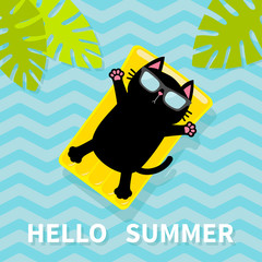 Canvas Print - Hello Summer. Black cat floating on yellow air pool water mattress. Palm tree leaf. Cute cartoon relaxing character. Sunglasses. Sea Ocean water with zigzag waves. Blue background. Flat design.