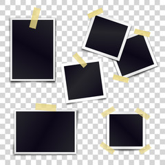 Wall Mural - Vector Collection of blank photo frames sticked on duct tape to transparent background. Template mockups for design.