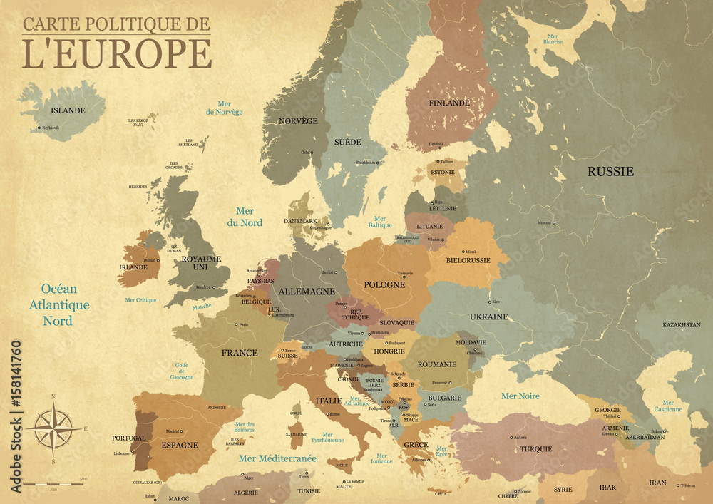Carte Europe avec capitales - Texture vintage rétro - Textes français - Vecteur CMJN - obrazy, fototapety, plakaty 