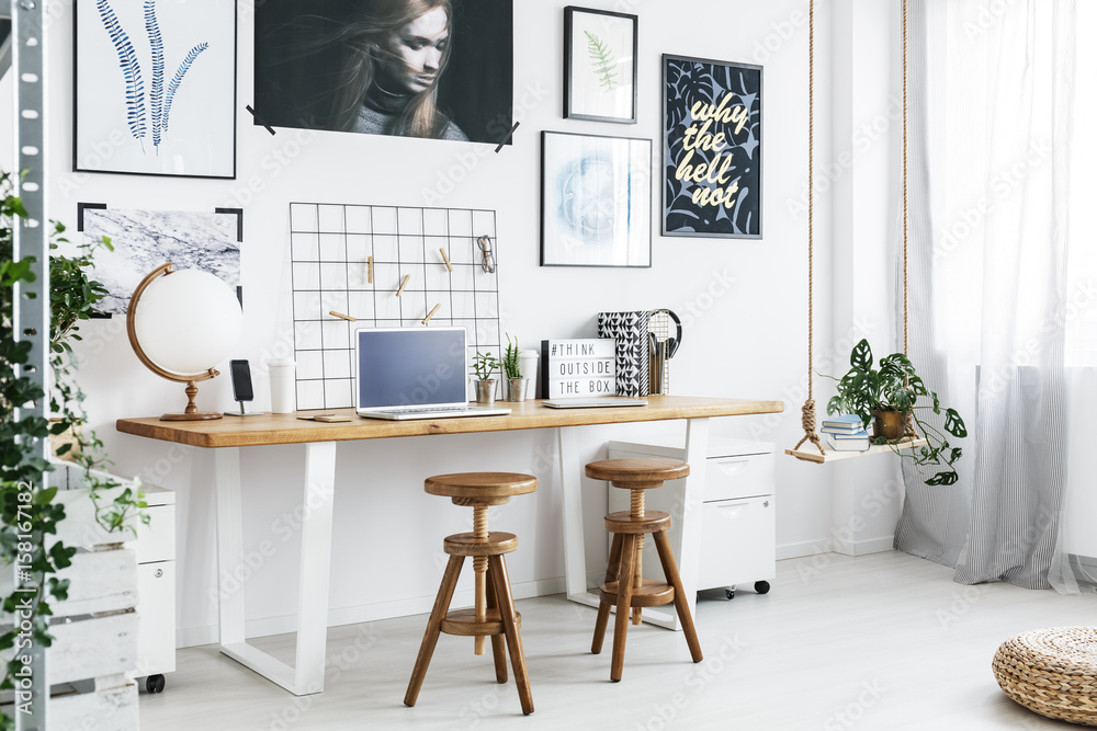 Double desk and two stools in home office - obrazy, fototapety, plakaty 