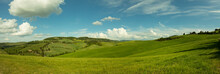 Beautiful Panorama Landscape Of Waves Hills In Rural Nature, Tuscany Farmland, Italy, Europe