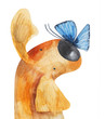 Red dog with blue butterfly on his nose. Watercolor illustration. Hand drawing