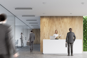 Sticker - White reception, wooden office, people