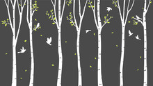 Birch Tree With Deer And Birds Silhouette Background