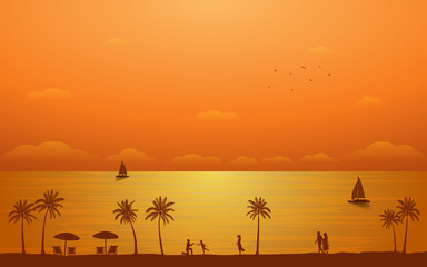 Wall Mural - Silhouette palm tree with family and couple in flat icon design under sunset sky background