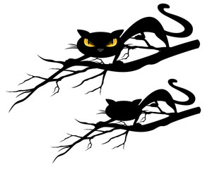 Wall Mural - halloween theme evil black cat on a tree branch - vector design set