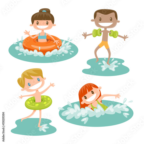 Set Of Kids Playing At The Beach A Dark Hair Girl Swimming With A