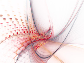 Poster - Abstract background element. Three-dimensional composition of wave shapes, grids and particles. Science and technology concept. Red, black, orange and white colors.