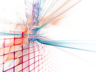 Abstract background element. Three-dimensional composition of wave shapes, grids and beams. Electronics and media concept. Red, blue yellow colors on white.
