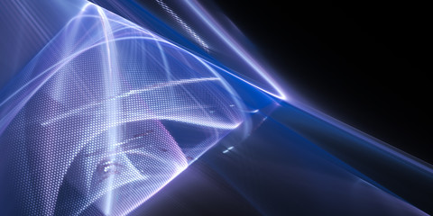 Poster - Abstract background element.Three-dimensional composition of curves and mosaic halftone effects. Technology; science or education concept. Blue and black colors. Wide format.