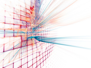 Poster - Abstract background element. Three-dimensional composition of wave shapes, grids and beams. Electronics and media concept. Red, blue yellow colors on white.