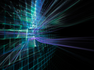 Poster - Abstract background element. Three-dimensional composition of wave shapes, grids and beams. Electronics and media concept. Blue and black colors.