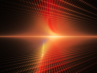 Poster - Abstract background element. Grid planes perspective. Retro sci fi style. Time and space concept. Red and yellow colors on black.