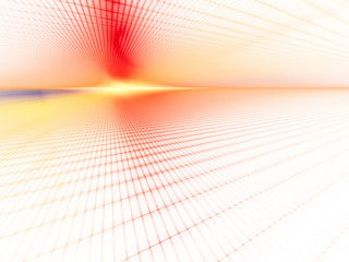 Poster - Abstract background element. Grid planes perspective. Retro sci fi style. Time and space concept. Red and yellow colors on white.