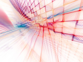 Poster - Abstract background element. Three-dimensional composition of wave shapes, grids and beams. Electronics and media concept. Red, blue yellow colors on white.
