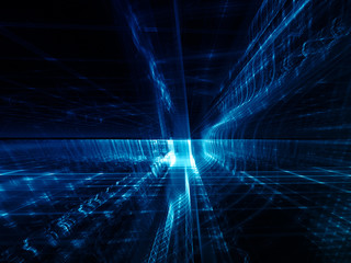 Poster - Abstract background element. Three-dimensional composition of glowing grids and wave shapes. Science and technology concept. Blue and black colors.