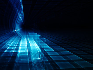 Poster - Abstract background element. Three-dimensional composition of glowing grids and wave shapes. Science and technology concept. Blue and black colors.