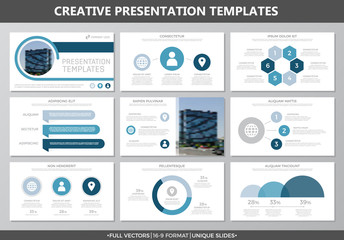 Wall Mural - Set of gray and blue elements for multipurpose presentation template slides with graphs and charts. Leaflet, corporate report, marketing, advertising, annual report, book cover design.