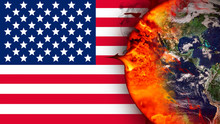 Climate Change And American Flag. Influence Of USA On Global Climate. Elements Of The Image Furnished By NASA.