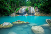 Waterfall In Forest At Erawan Waterfall National Park, Kanchanaburi, Thailand