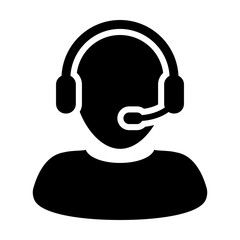 customer care service and support icon - flat vector person avatar with headphone for helpline in gl