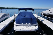 Docked Speed Boat, Blue Cover - Sunny Day - Summertime