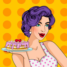 Pop Art Style Retro Lady Serving Delicious Cake In Bakery