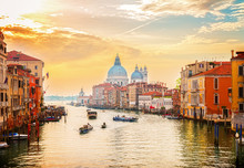 Grand Canal And Basilica Santa Maria Della Salute, Venice In Sunrise Light, Italy, Retro Toned