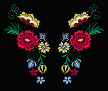 Vector Design For Collar T-shirts And Blouses. Colorful Ethnic Flowers Neck Line. Embroidery For Fashion. Vector Illustration.
