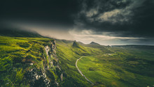 Dramatic Rainy Clouds Over Scottish Highlands In The Isle Of Skye