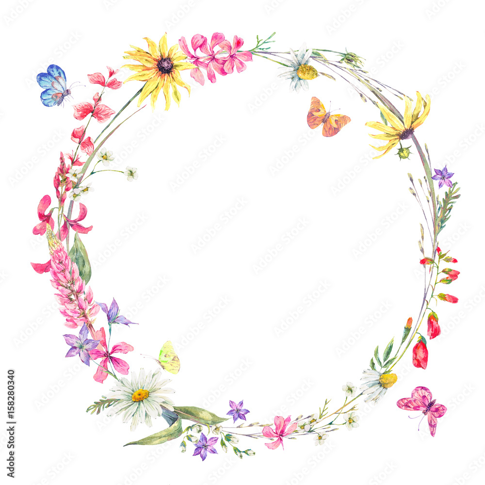 Watercolor round frame with wildflowers - obrazy, fototapety, plakaty 