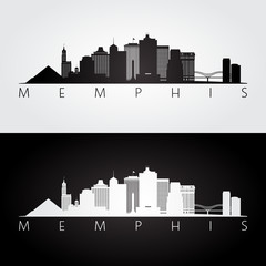 Memphis, USA skyline and landmarks silhouette, black and white design.