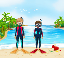 Two scuba divers in wetsuit standing on beach