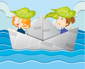 Sticker - Paper boat with two girls