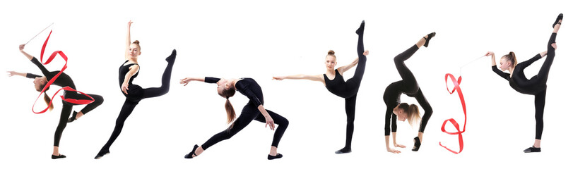 Collage of teenage girl doing gymnastics exercises on white background