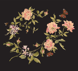 Wall Mural - Embroidery fashion floral pattern with wild peonies and butterfly. Vector traditional embroidered bouquet with flowers on black background for clothing design.