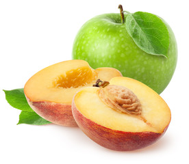 Wall Mural - Isolated fruits. Two peach half slices with green apple fruit isolated on white with clipping path