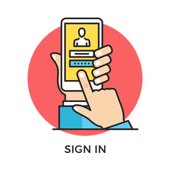 Poster - Sign in icon. Hand holding smartphone with login page and login and password registration form, finger touching screen. Modern flat design thin line concept. Vector icon