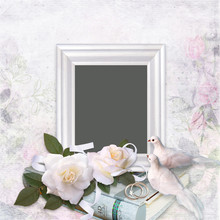 Frame, Roses, Doves, Wedding Rings, Photo Album On A Romantic Vintage Background