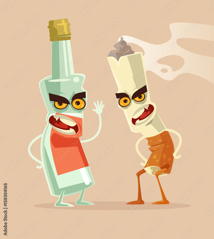 Angry bottle glass of vodka and cigarette characters best friends. Bad  habits. Drink and smoking addiction. Vector flat cartoon illustration Stock  Vector
