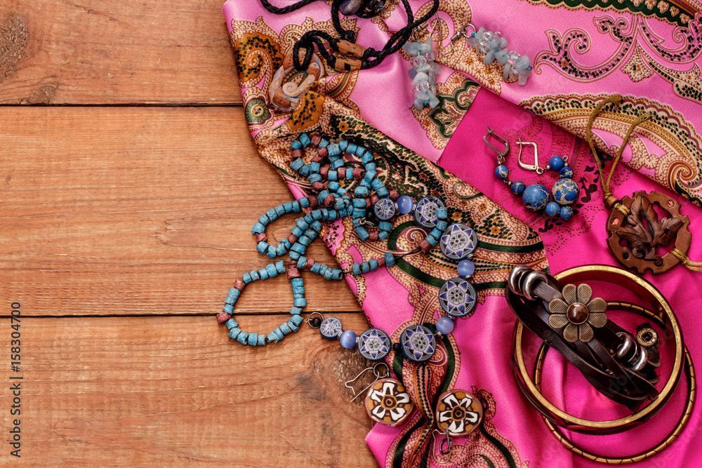 Obraz na płótnie boho style and hippie fabrics, bracelets, necklaces w salonie