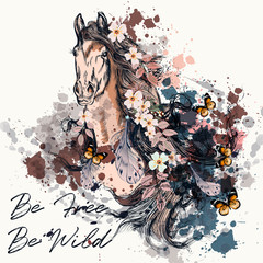 Wall Mural - fashion boho illustration with wild horse. be free
