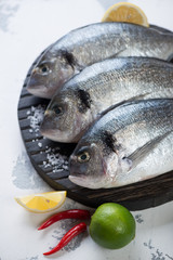 Poster - Close-up of raw fresh sea breams with seasonings on a wooden chopping board. White concrete background, studio shot