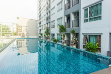 High Rise Condominium Buildings With Swimming Pool.