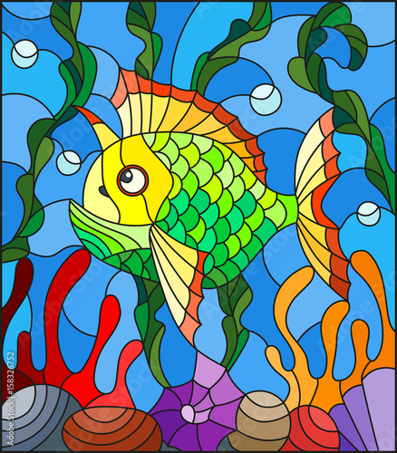 ilustracja-w-stylu-witrazu-z-abstrakcyjnych-kolorowych-egzotycznych-ryb-wsrod