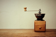 Old Coffee Grinder, Manual Hand Mill On The Table. Vintage Style.
