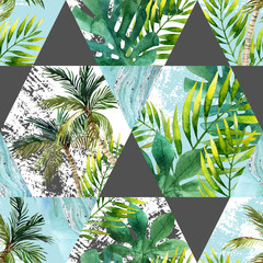 Wall Mural - Watercolor tropical leaves and palm trees in geometric shapes seamless pattern