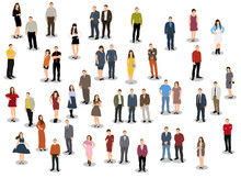 Collection Of People Stand, Female Male Children, Flat Style, Isometric People